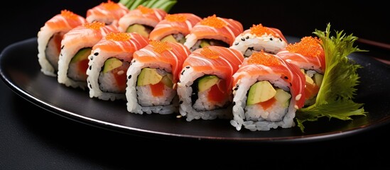 Poster - A black plate is filled with delicious sushi rolls, topped with fresh vegetables, creating a colorful and appetizing display.