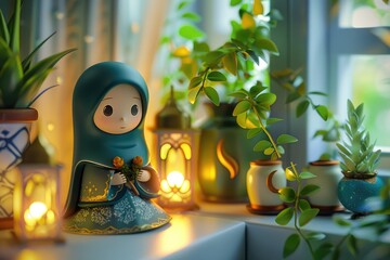 Wall Mural - Hijab doll with lanterns on window sill. Ramadan Kareem celebration