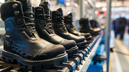 line of new, sturdy work boots on a conveyor belt in a store, showcasing industrial footwear design.