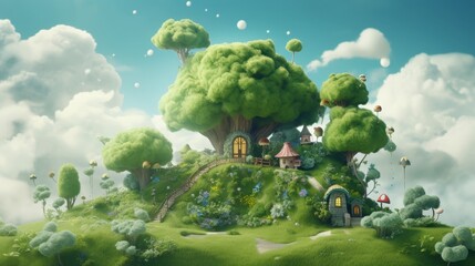Wall Mural - Whimsical fairy tale castle on green hilltop with turrets reaching sky and fluffy clouds