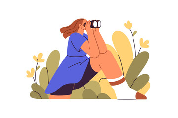 curious woman looking through binoculars, watching, exploring, searching new opportunity, aim. visio