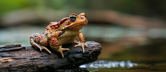 Wall Mural - An amphibian, frog, perched on a rock in the water, surrounded by terrestrial plants and soil in a natural landscape setting for macro photography.