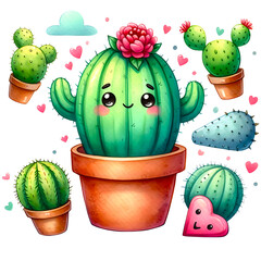 Wall Mural - cute cartoon cactus in a pot watercolor style illustration isolated on transparent background PNG Image