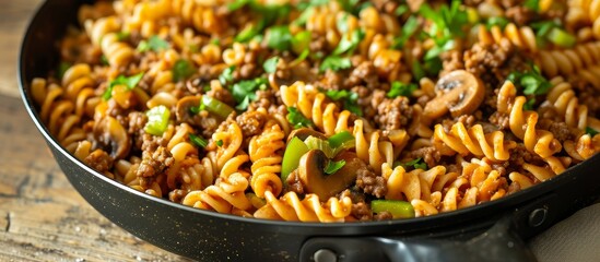 Wall Mural - A pan filled with rotini pasta and meat, a staple food in Italian cuisine, placed on a wooden table. This comfort food dish is a delicious recipe made with simple ingredients.