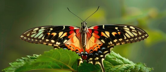 Canvas Print - A detailed view of a vibrant butterfly perched on a green leaf, showcasing its intricate patterns and delicate wings in full focus.