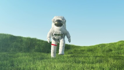 Wall Mural - astronaut runs slowly through the grass, realistic conceptual 3d animation, 4k 3840x2160