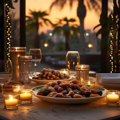 Wall Mural - dry dates in a gold plate on a wooden table