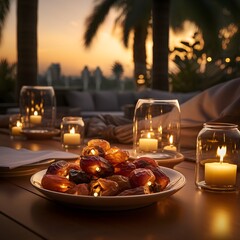 Wall Mural - dry dates in a gold plate on a wooden table