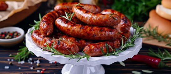 Wall Mural - A white plate with sausages and rosemary on a wooden table, showcasing a delicious dish made with traditional meat ingredients like knackwurst, mettwurst, and cervelat.