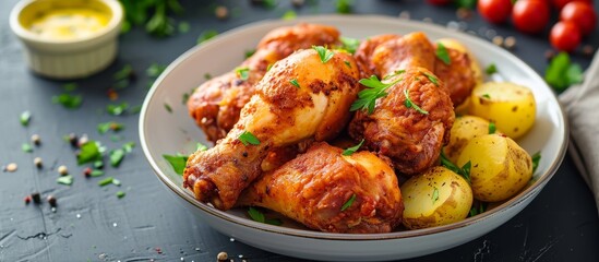 Sticker - A plate of finger-licking good fried chicken legs and crispy potatoes served on a table. A delicious fast food recipe perfect for a quick meal.