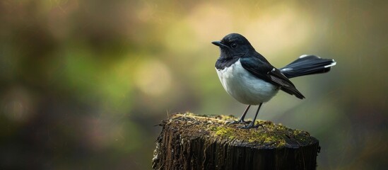 Wall Mural - A perching songbird with black and white feathers sits atop a tree stump in a natural landscape. Its beak and wings are visible as it peacefully rests on a twig.