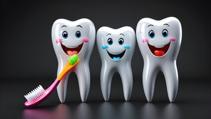 a cartoon character with happy faces funny tooth brush on a black background. tooth with toothbrush. Healthy and cute tooth holding toothbrush. Anti-Caries Protection Concept. oral hygiene