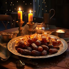 Wall Mural - gold plate filled with dry dates on a wooden table, surrounded by candles that create a golden ambiance