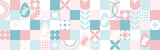 Fototapeta Sypialnia - Seamless background for the spring holiday of Easter with a texture of circles and squares. Mosaic with geometric shapes, pastel background with eggs and hares.