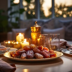 Wall Mural - gold plate filled with dry dates placed on a wooden table