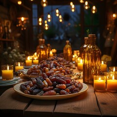 Wall Mural - gold plate filled with dry dates placed on a wooden table