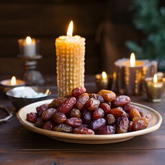 Wall Mural - gold plate with dry dates on a wooden table