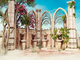 Fototapeta Desenie - Fantasy wall with fountains and summer trees and flowers on a beach on a sunny day.  Made from 3d elements and painted parts. No AI used. 