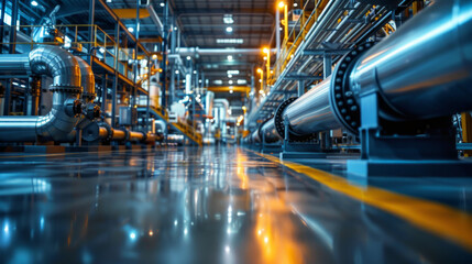 Wall Mural - Modern industrial facility interior with a low angle view showcasing shiny pipelines and intricate machinery along the production floor, reflecting the overhead lights, with a vibrant blue hue.