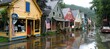 Charming small town streets submerged in water during a flooding disaster caused by heavy rainfall