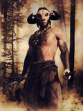 Fototapeta Desenie - Fantasy scene with a half-man half-goat, holding a dagger and standing at an old forest at sunset.  Made from 3d elements and painted parts. No AI used. 