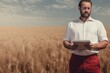 © Koja - A pensive man in a white shirt and red pants stands with a tablet in a vast wheat field, under a clear sky. Modern farming.