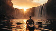sunset view waterfall with man kayak