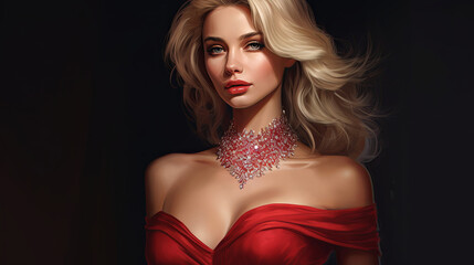 Close up watercolor portrait of beautiful seductive blonde in red evening dress with plunging neckline and jewelry on neck on dark isolated background Concept of chic and luxury