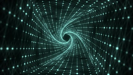 Leinwandbilder - Abstract 3d twisted portal. Square tunnel or wormhole. Digital background with connected green dots. 3d rendering.