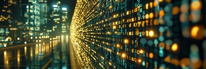Digital interface with pixelated data stream, binary code, and encryption concept with glowing dots