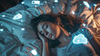 Woman sleeping with glowing social media icons above her, illustrating the influence of digital life on dreams and rest.