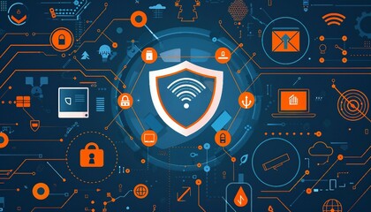 Wall Mural - Securing IoT Devices: Smart Protection, securing IoT devices with an image showing interconnected smart devices being protected by a shield or security barrier, AI