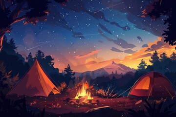 Wall Mural - Campfire burning under a starry sky, with tents pitched nearby and the sounds of nature all around. 