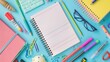 Embark on a learning adventure with this creative top view composition colorful collection of childish school supplies with blank notebook page for text or advertising. Generative Ai