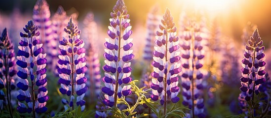 Canvas Print - A vast expanse of purple lupine flowers fills the field as the morning sun shines brightly in the background. The flowers are spread out in clusters, creating a beautiful purple carpet under the