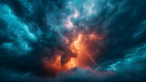 Fototapeta  - A thunderous lightning strike, with dark storm clouds as the background, during an electrifying thunderstorm