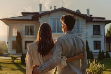 Wall Mural - Rear view of young married couple chooses and buys house