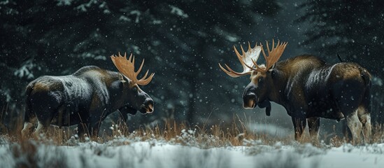 Wall Mural - Majestic moose duo standing gracefully in the snowy wilderness