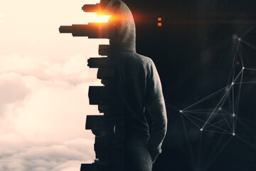 Wall Mural - Back view of hacker in hoodie standing on abstract concrete city and sunset polygonal background. Hacking and malware concept. Double exposure.