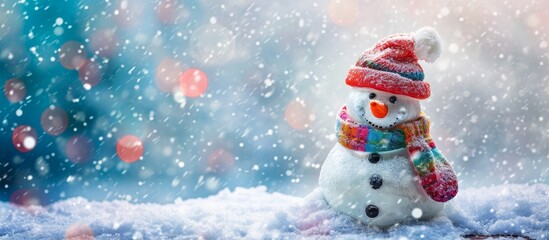  A snowman adorned with a Santa hat and scarf is peacefully sitting in the freezing snow, creating a beautiful winter art in the sky.