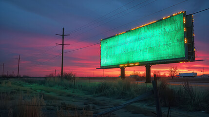 Billboard with green screen beside expressway, sunset