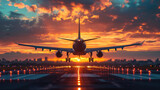 Fototapeta  - airplane flies in the sunset sky, pink clouds, big modern plane, flight, wings, transport, fuselage, air, beauty, space for text, airline, travel, nature, light, sun, runway, takeoff