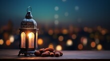 Lantern That Have Moon Symbol On Top And Small Plate Of Dates Fruit With Night Sky And City Bokeh Light Background For The Muslim Feast Of The Holy Month Of Ramadan Kareem