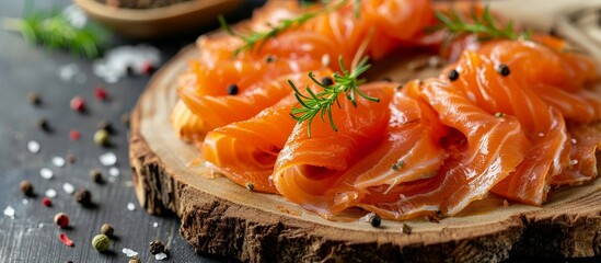 Wall Mural - A close up shot of fresh salmon slices on a rustic wooden cutting board, perfect for seafood recipes or garnishing dishes.