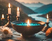 A Bowl With A Blue Fire In It Sitting On A Table Surrounded By Lit Candles And Candlesticks