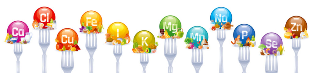 Vitamins and minerals, nutrition supplements icons. Multi complex of calcium, zinc, iron, magnesium, selenium and phosphorus. Minerals and food products on forks, vector cartoon illustration