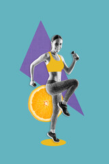 Poster - Vertical creative collage sportive girl exercise body shaping fit figure orange citrus healthy nutrition vitamins healthcare