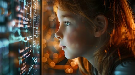 Wall Mural - curious child gazing at glowing digital screens, technology fascination. a sense of wonder and innoc