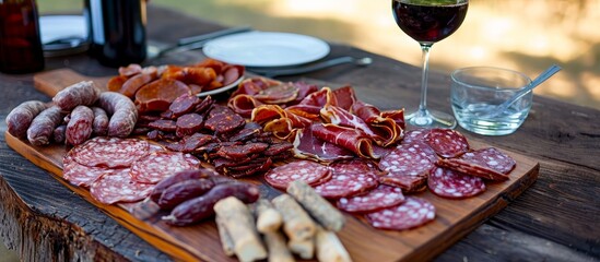 Wall Mural - A wooden cutting board featuring a variety of meats, accompanied by a glass of wine.