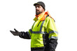 Safety Inspector in High-Visibility Jacket Pointing Out Issues on White Background